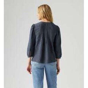 LOFT Ruffle V-Neck Tie Blouse Dotted Textured Dark Gray Top 3/4 Sleeves - Size S